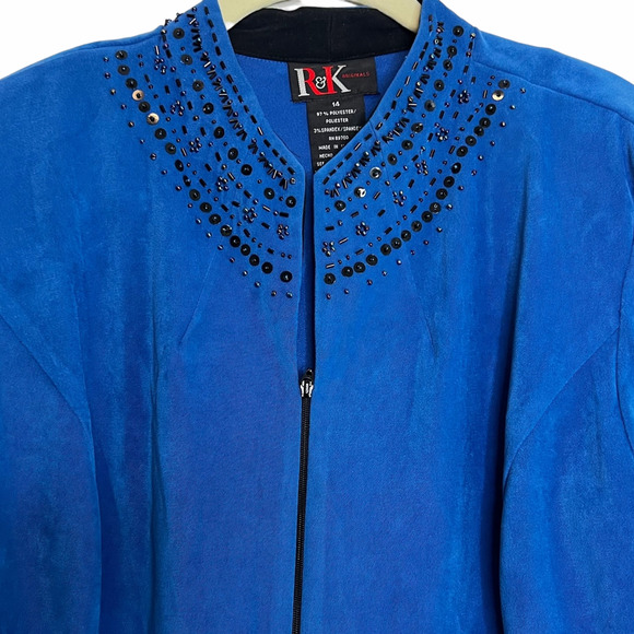 R&K Originals Womens Twill Jacket Size 14 Blue Zip Front Beaded Neckline VTG - Picture 2 of 5